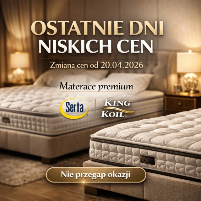 OSTATNIE DNI NISKICH CEN ⏳
Informujemy, że od 20.04.2026 nastąpi zmiana cen materacy i łóżek premium Serta oraz King Koil.
Jeśli rozważasz zakup – to ostatni moment, aby skorzystać z obecnych warunków cenowych.
W naszej ofercie znajdziesz materace, które oferują:
✔️ wysoki komfort snu
✔️ nowoczesne technologie wspierające regenerację
✔️ jakość znaną z hoteli klasy premium
Zapraszamy do salonu – chętnie pomożemy dobrać model idealnie dopasowany do Twoich potrzeb.
Nie przegap okazji.
#Serta #KingKoil #materace #sypialnia #sen #wnętrza #AmericanBeds